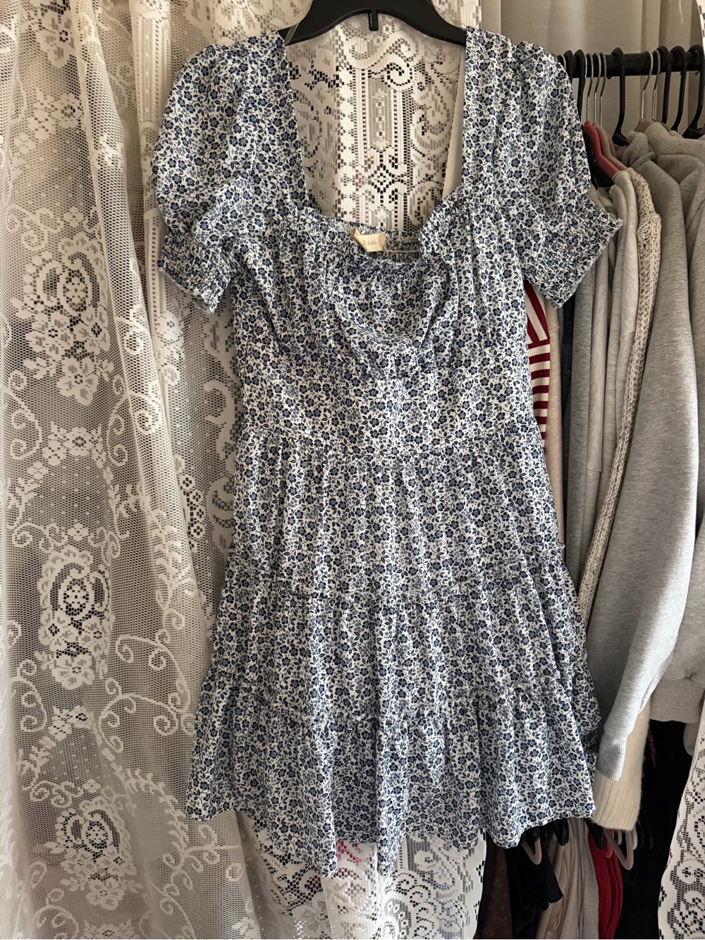 Altar'd State Blue and White Floral Tiered Mini Dress
